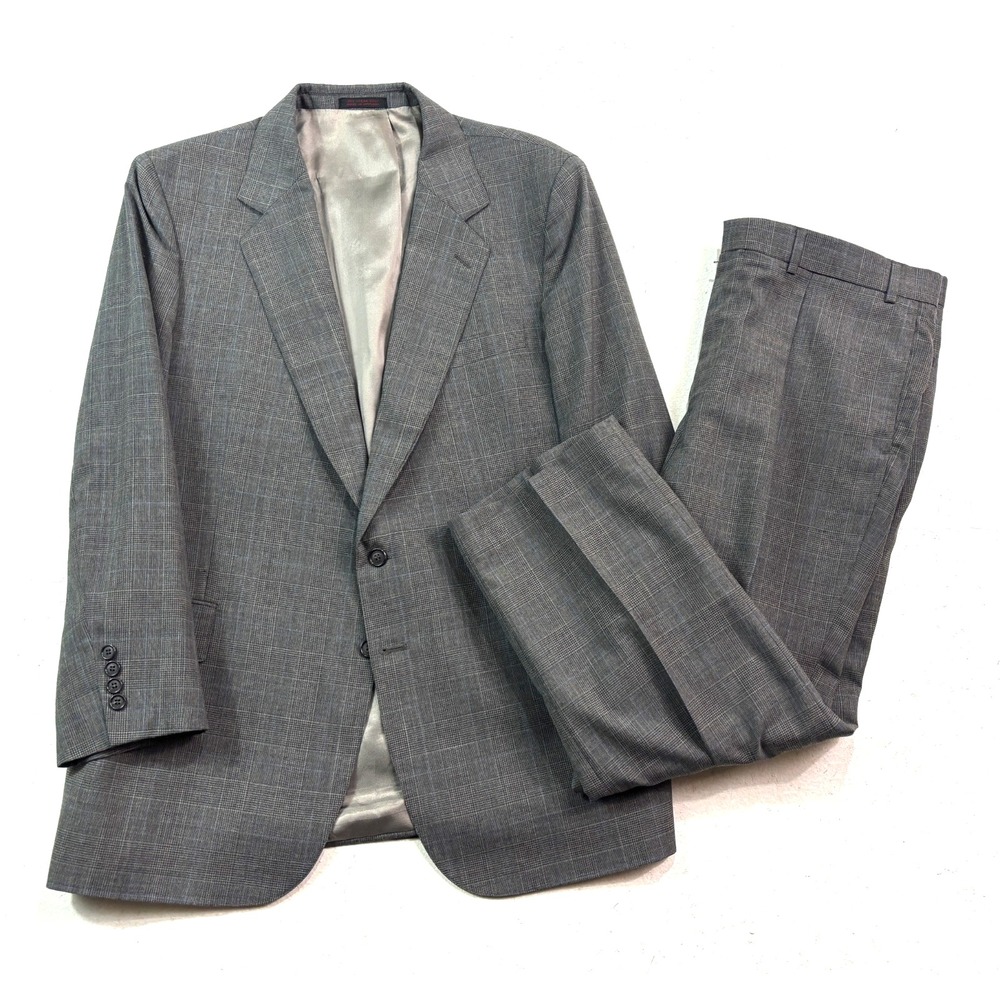 vtg 90s Andre Villard 44S 38x27 2pc Pant Suit Wool Gray Glen Plaid Pleated